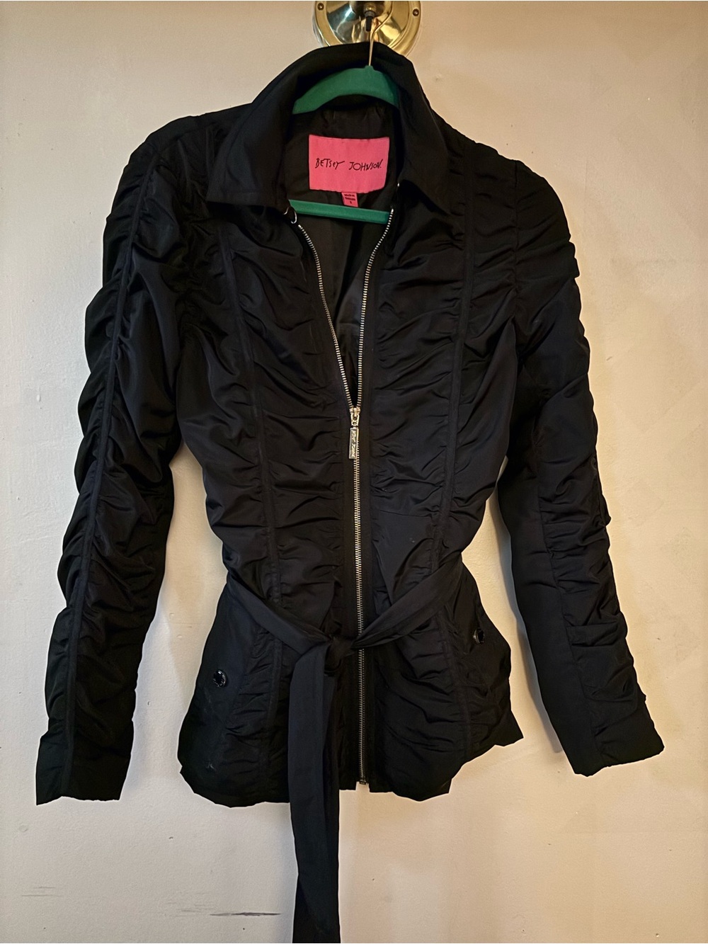 Betsey Johnson Black Ruched Zip-Front Trench Coat with Self Tie Belt